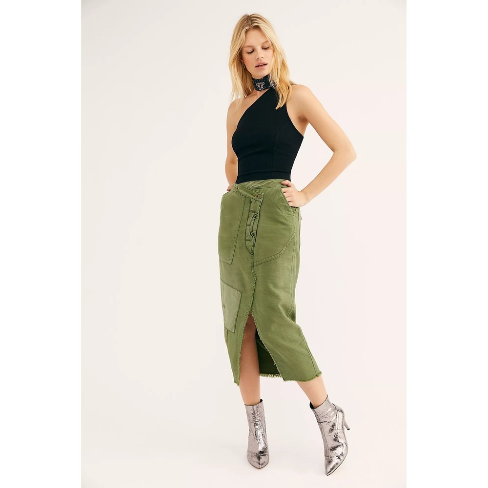 Free People Womens Patchwork Utility Midi Skirt Asymmetrical Size 8 Bohemian